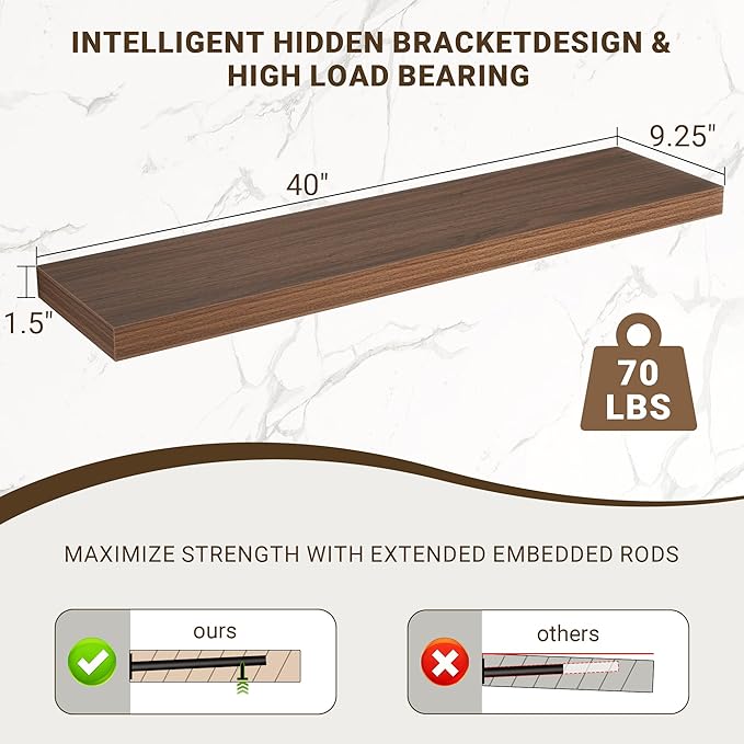 40 Inch Floating Shelves, 3D Textured Wood Grain, 40"x9.25"x1.5" Inch Deep Floating Shelves for Wall, Wooden Shelves for Bath