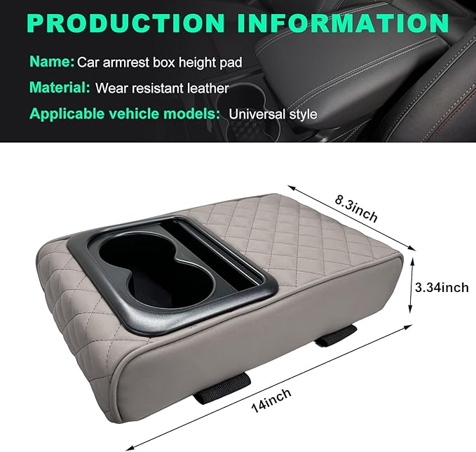 Car Center Console Armrest Pillow, Memory Foam Auto Armrest Box Cover with Cup Holder & Phone Holder, Waterproof Leather Arm Rest Protector Cushion, Interior Car Accessories (Diamond, Gray)