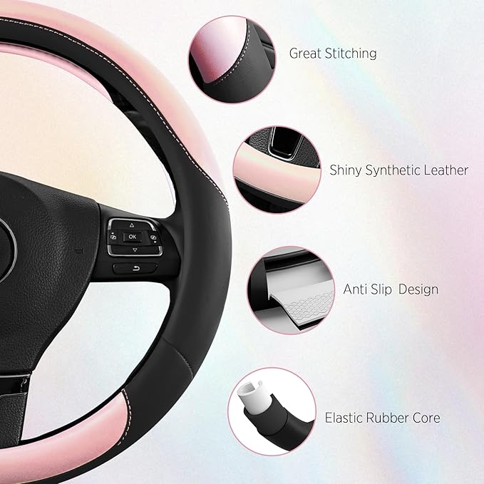 Road Comforts Steering Wheel Cover – Breathable Leather Steering Wheel Cover, Anti-Slip Grip, Universal Fit 14.5” to 15”, Hea