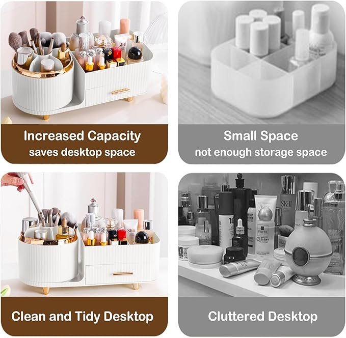 Rotating Makeup Organizer for Vanity with Brush Holder and Drawer, Cosmetic Makeup Storage, Large Spinning Makeup Skincare Or