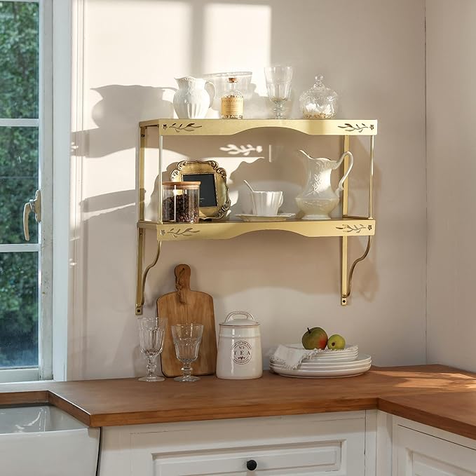 Elegant Gold Wall Shelf — 2 Tier Decorative Metal Storage Floating Shelf with Openwork Floral Pattern, 20" x 24"