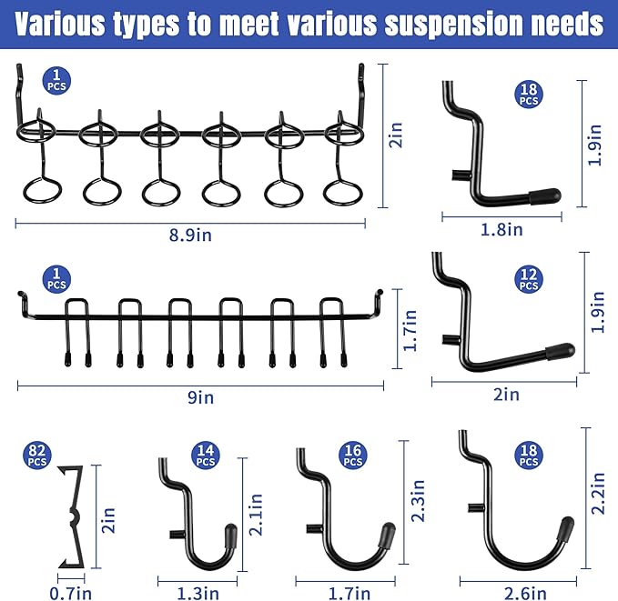 196 PCS Extra Thick 1/4" Pegboard Hooks Set, Heavy Duty Peg Board for Hanging Storage, Black Metal Pegboard Accessories with 