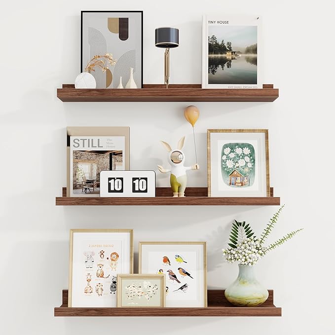 Axeman Picture Ledge Shelf | 24 Inch Walnut Floating Shelves Set of 3 | Rustic Wood Wall Shelves with Lip | 24" Walnut Pictur