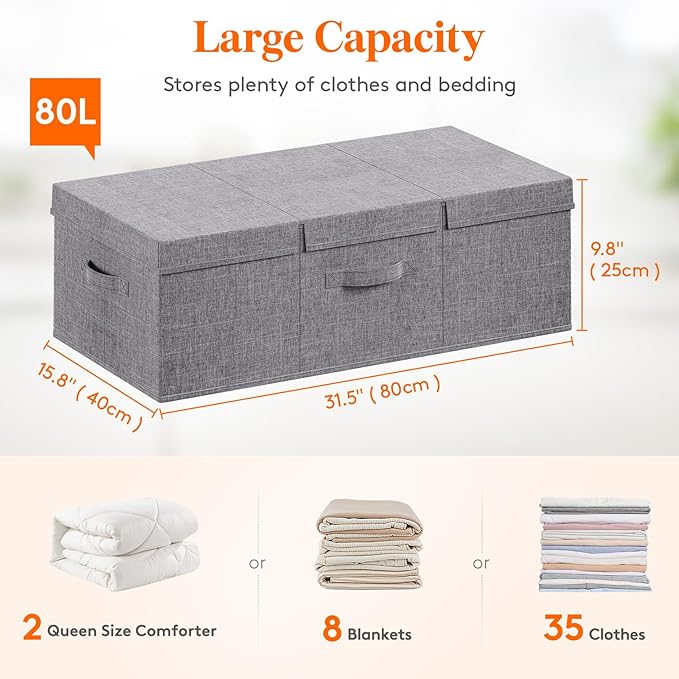 Lifewit 80L Under Bed Storage Containers, 9.8 Inch Tall Underbed Clothes Storage Organizer Bin with Sturdy Sidewalls, Bottom,