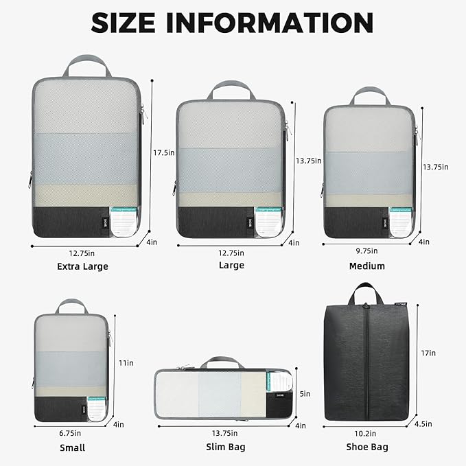 BAGAIL 6 Set Lightweight Compression Packing Cubes with Packing List, Anti-Tearing Expandable Organizer Bags for Travel, Blac