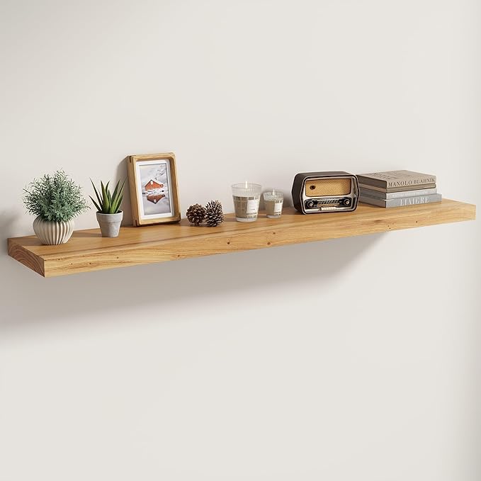 Fun Memories Solid Elm Wood Floating Shelves Set of 1-48 Inch Rustic Wall Shelves with Heavy-Duty Invisible Brackets - for Li