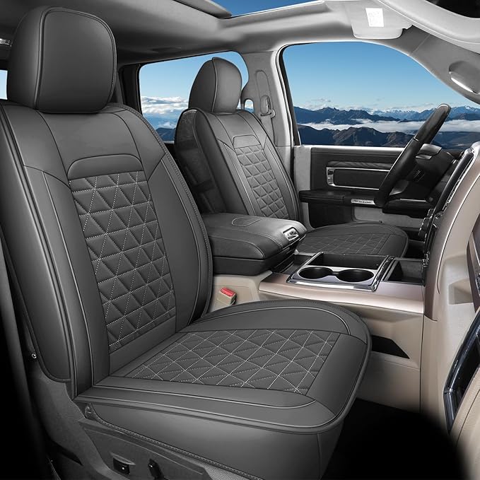 Coverado Leather Car Seat Covers, Waterproof Dooge Ram 1500 Seat Covers Compatible with 2002-2025 Dodge Ram 1500 2500 3500 wi