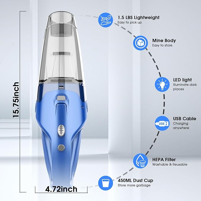 Handheld Vacuum Cordless Rechargeable – 6000Pa Mini Hand Held Vacuum, LED Light, 20–25 Mins Runtime, USB Charging, 500ML Cup 