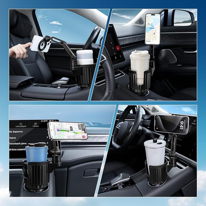 This Hill Magnetic Cup Holder Phone Mount, Compatible with MagSafe, 4.1" Base Adjustable Height Car Cup Holder Compatible wit