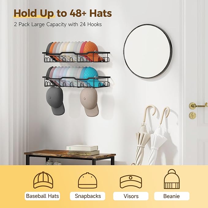 Nicetree Hat Racks for Baseball Caps Wall - Metal Hat Organizer for 48 Baseball Caps Holder, 2 Pack Hat Storage Organizer for