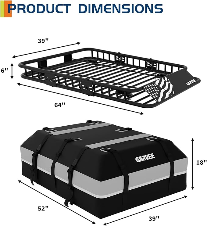 Garvee 64" x 39" Universal Roof Rack Basket, 200 Lbs Capacity Rooftop Cargo Carrier Basket with 21 Cubic Feet (52" x 39") Waterproof Luggage Bag, for Suvs, Trucks, Vehicles