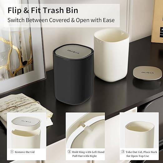 MRBIN Desk Mini Car Trash Can, 0.4 Gallon Table Top Plastic Waste Basket with Stainless Steel Lid, Small Garbage Bin for Bedroom, Coffee Bar, Vanity Countertop, Black