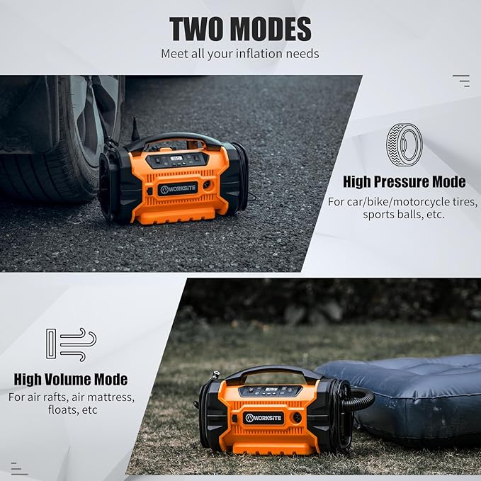 WORKSITE Tire Inflator Air compressor Portable, 160 PSI Car Tire Pump with 3 Power Supply (110V AC, 12V DC & 20V Battery) for cars, bikes, balls,Orange