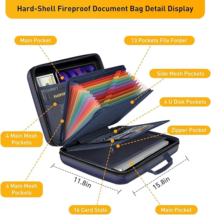 Fireproof Document Organizer Bag, 5200℉ File Organizer Safe Box, Hard Shell Document Bag with 13 Pocket Accordion File Folder
