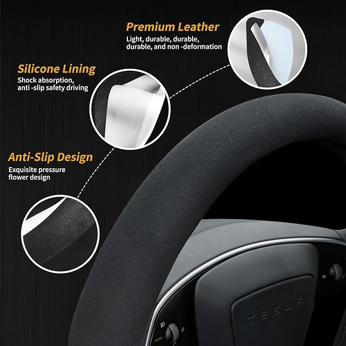 Suede Steering Wheel Cover for Tesla Model 3/Y 2016-2025 2026 Juniper/Highland, Non-Slip Breathable Tesla Model 3/Y Steering Wheel Protector, Black