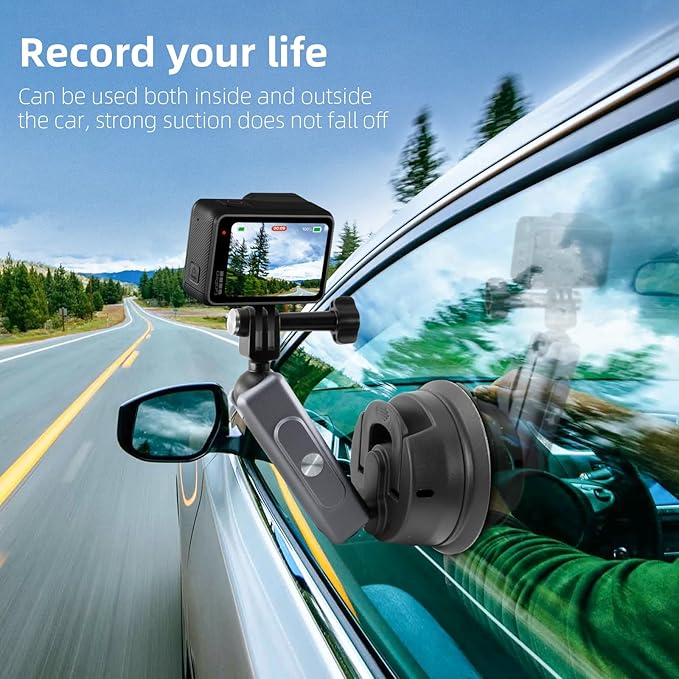 REYGEAK Suction Cup Car Mount with 1/4 Thread, 360° Rotation Windshield Car Mount for GoPro Hero 12 11 10 9 8 Insta360 X4 X3 Go3 DJI Action 4, Pocket 3 Accessories