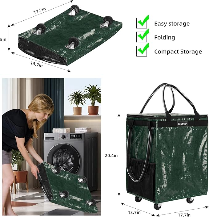 (Medium, Green) Reusable Grocery Bag on 4 Wheels, Foldable Rolling Tote Carries Up to 66lb Shopping Trolley, Rolling Bag with 3 Handles, Zipper Clouser Rolling Tote Bag with Wheels for Laundry