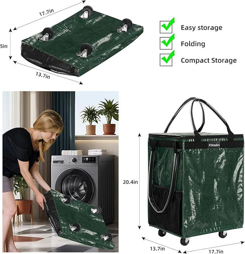 (Medium, Green) Reusable Grocery Bag on 4 Wheels, Foldable Rolling Tote Carries Up to 66lb Shopping Trolley, Rolling Bag with 3 Handles, Zipper Clouser Rolling Tote Bag with Wheels for Laundry