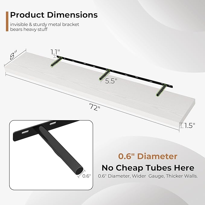Fun Memories 72 Inch Floating Shelves for Wall, Fireplace Mantel Shelf with Invisible Heavy Duty Bracket, 8 Inch Deep Storage