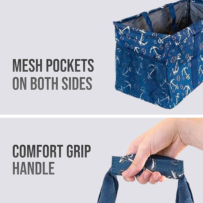Extra Large Utility Tote Bag - Oversized Collapsible Reusable Wire Frame Rectangular Canvas Basket With Two Exterior Pockets For Beach, Pool, Laundry, Car Trunk, Storage - Anchor