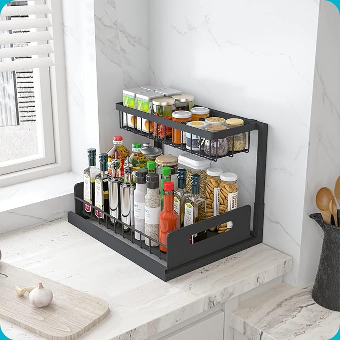REALINN Under Sink Organizer, L-Shaped 2 Tier Pull Out Cabinet Organizer for Kitchen and Bathroom, Slide Out Under Cabinet St