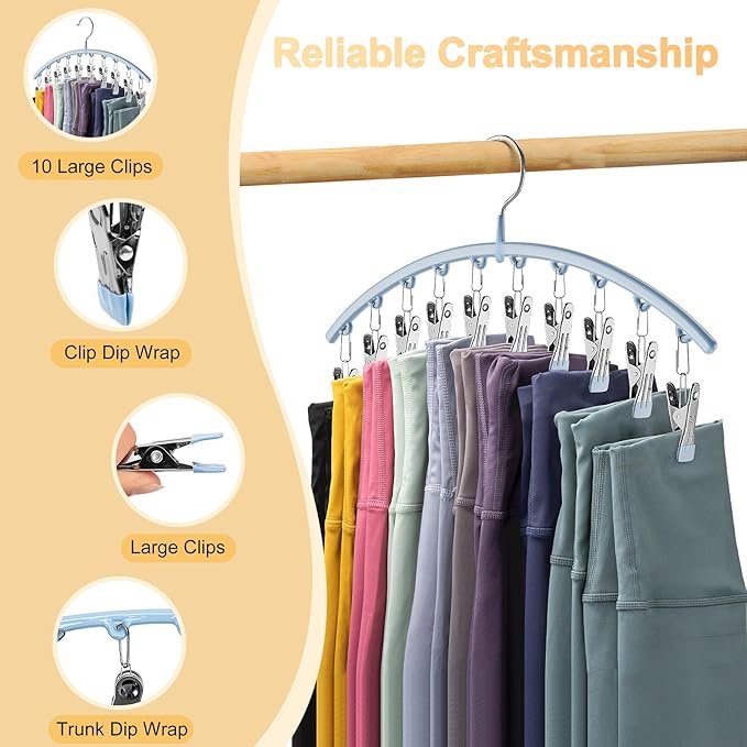 Volnamal Legging Organizer for Closet, Metal Yoga Pants Hanger w/Rubber Coated 4 Pack w/10 Clips Hold 40 Leggings, Hangers Sp