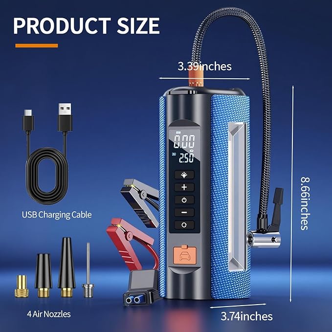 Jump Starter with Air Compressor,2500A car battery Jump starter,12V car booster jumper cable kit,Car Charger 150PSI portable tire inflator,battery charger,multi-function LED outdoor emergency lighting