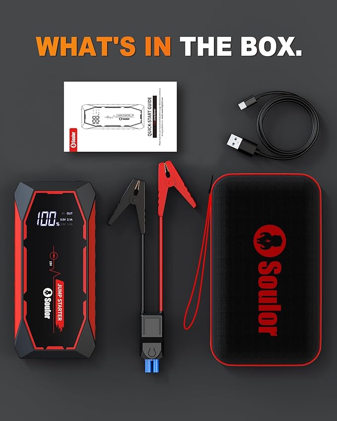 Jump Starter, 5000A Battery Jumper Starter Portable, Car Battery Jump Starter, Power Booster Pack 12V Lithium Jump Box with Jumper Cable and LED Lights (All Gas / 12L Diesel Engines)