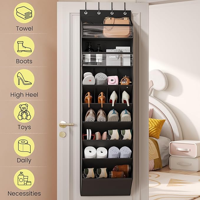 Mefirt 16-20 Pairs Over the Door Shoe Organizer, Clear Pockets Shoe Rack for Closet Door, Hanging Shoe Rack for Boots, Behind