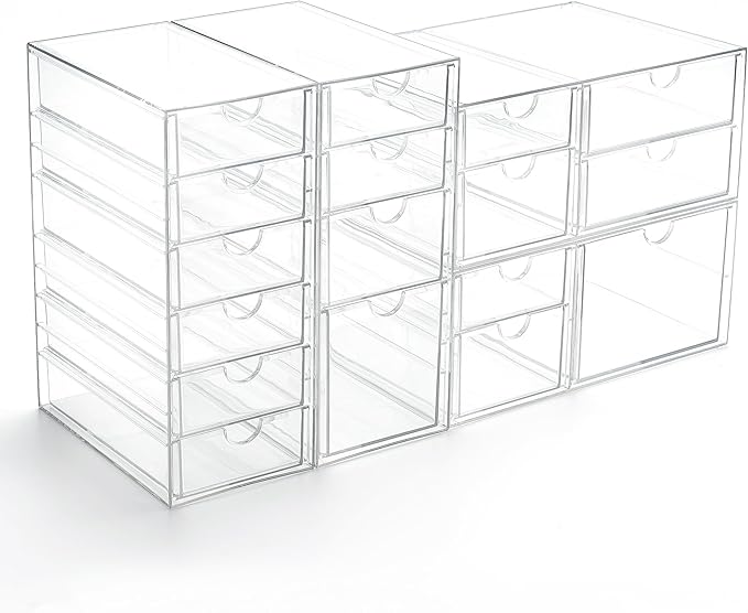 Prsildan Acrylic Drawer Organizer with 17 Drawers, Craft Office Desk Makeup Organizers Accessories, Set of 4 Clear Stackable 