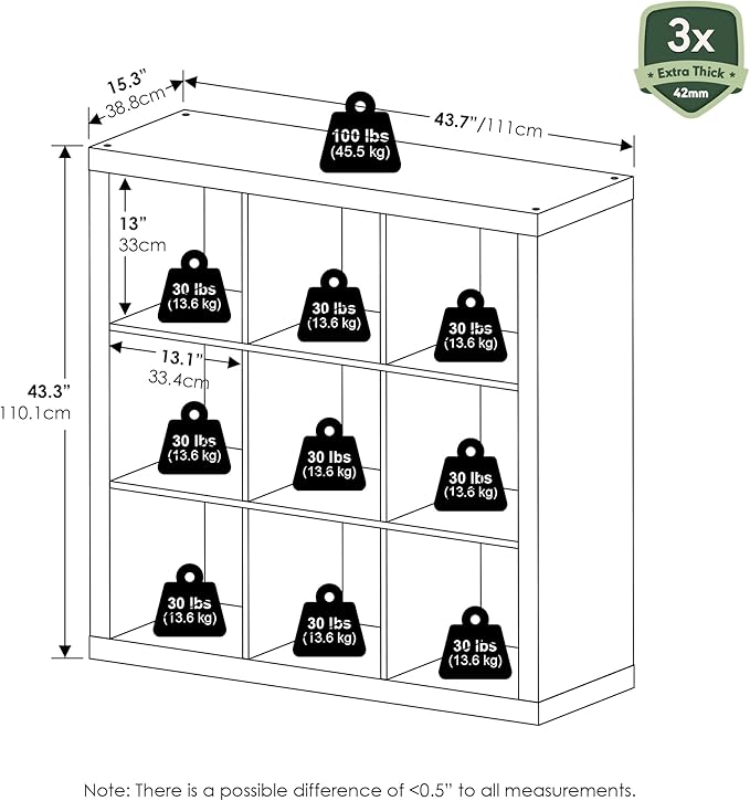 Furinno Cubicle Book Shelf, 9-Cube Bookshelf, Triple Thick Frame Cube Storage Organizer, 1.65" Thick Bookcase, 15.4" x 43.8" 