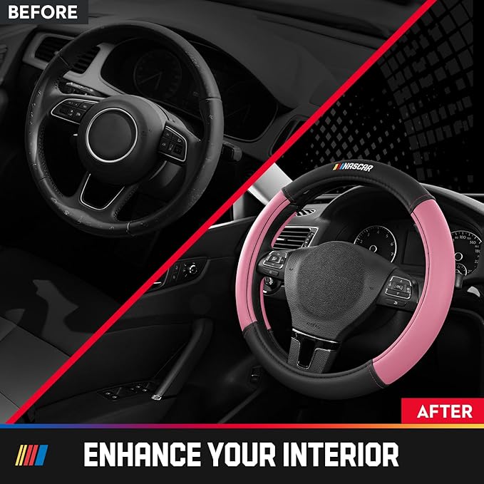 NASCAR Steering Wheel Cover, Two-Tone Pink Leather Patchwork, Universal Fit 14.5"-15.5" Steering Covers for Cars, Anti-Slip, 