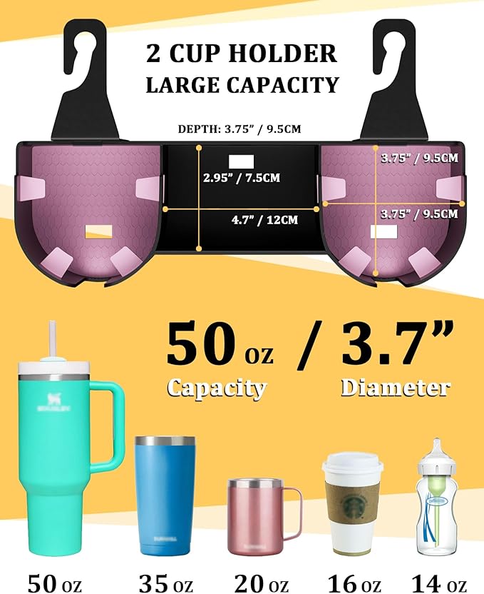 Car Headrest Backseat Cup Holder 3.7" with Organizer, High Capacity 4 in 1 Seat Back Organizer with Headrest Hooks, Multifunctional Storage for Car Travel Accessories Compatible with Most Vehicles