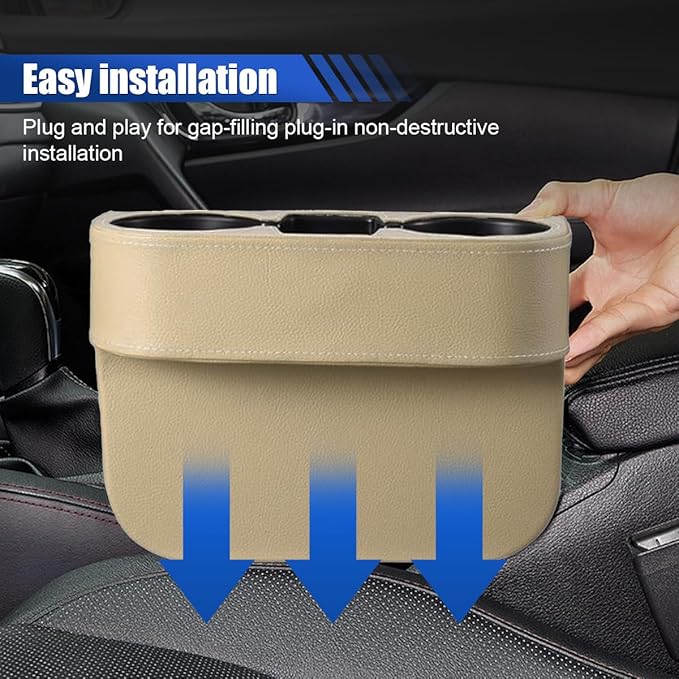 Car Cup Holder, Auto Front Seat Organizer, Multifunctional Cup Drink Holders with PU Leather Cover, Gap Filler Storage Box Coin Bucket Console Side Pocket Cell Mobile Phone Holder (Beige)