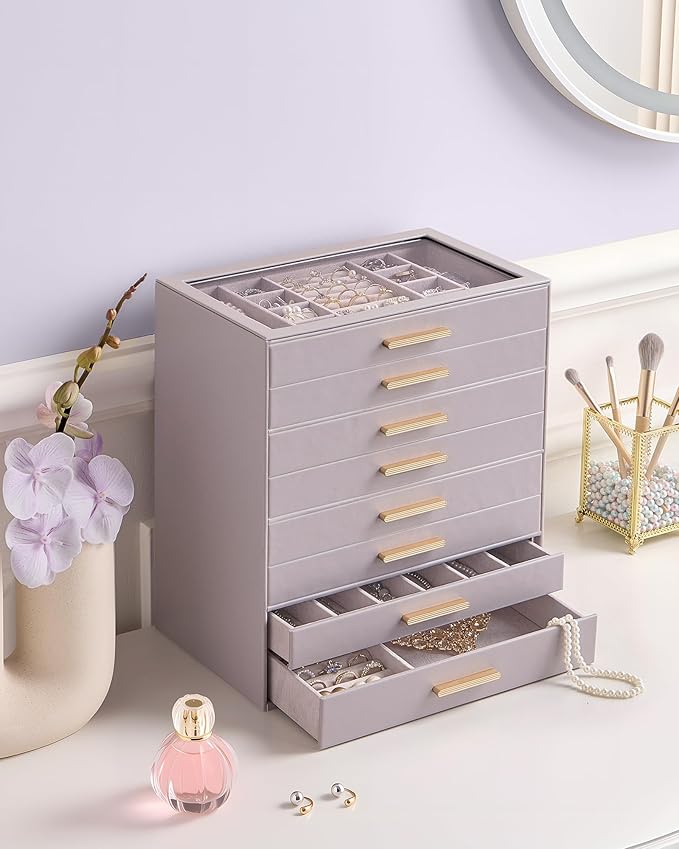 Lolalet Jewelry Box Organizer, 8-Layer Jewelry Organizers and Storage Case with Glass Lid, Ring Earring Bracelet Necklace Hol