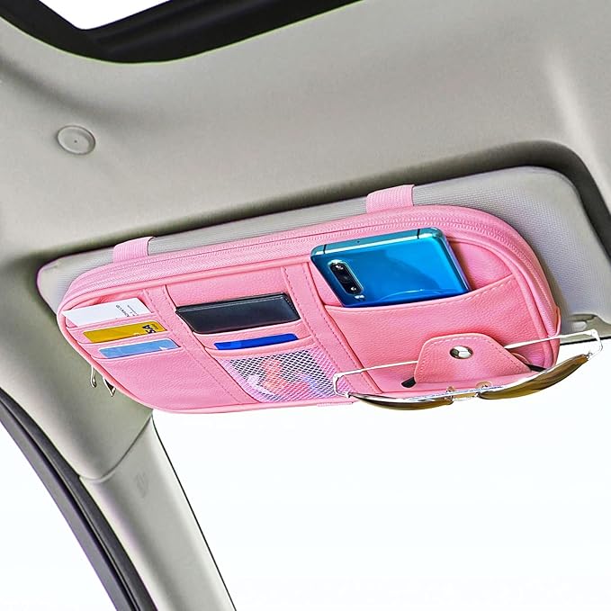 Da by Car Sun Visor Organizer Auto Interior Accessories Visor Pocket Organizer Car Truck Visor Storage Pouch Holder with Multi-Pocket Double Zippers New (Pink)
