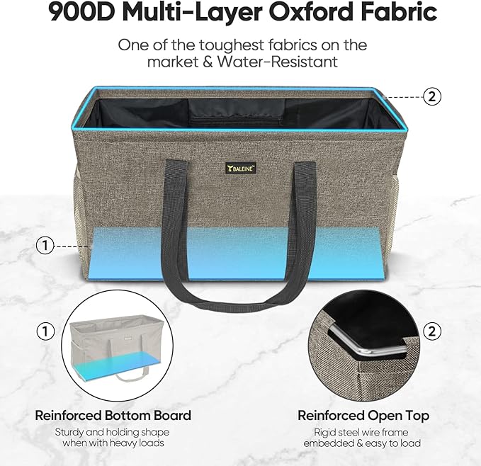 BALEINE Extra Large Utility Tote Bag with Reinforced Wire Frame, Reusable Grocery Bag for Shopping, Picnic (Beige, 22''x12''x10'')
