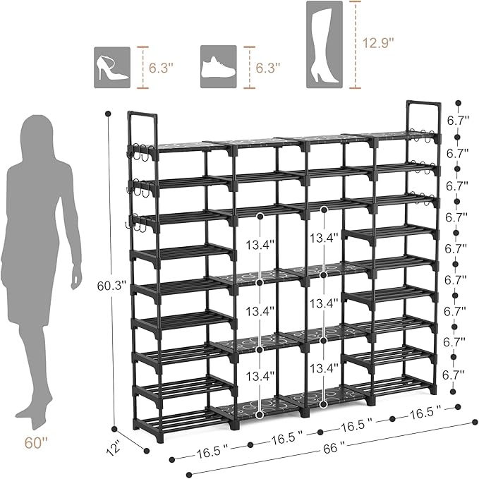 ROJASOP Large Shoe Rack Organizer for Entryway Closet 64-68 Pairs 9-Tier Heavy Duty Tall Garage Shoe Rack Shoe Shelf Shoes St