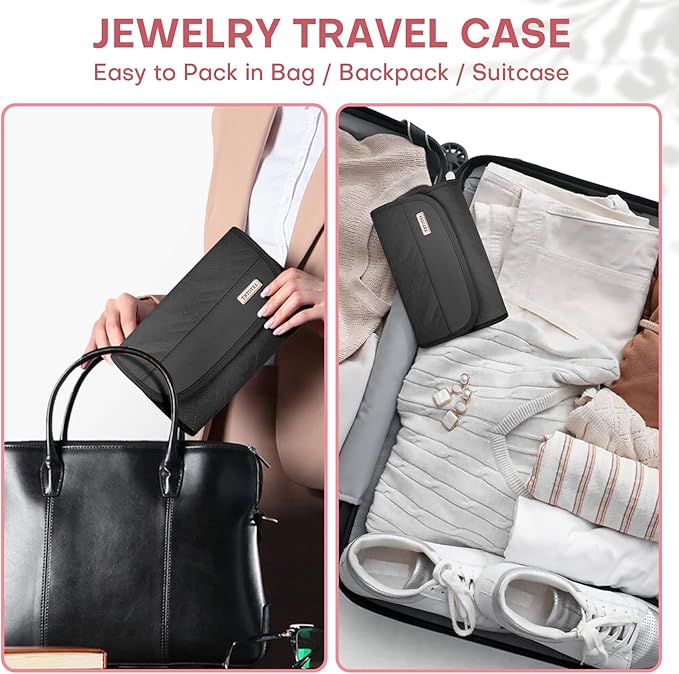 Travel Jewelry Organizer Box, Foldable Travel Case for Earrings, Necklaces, Rings, Bracelets, Black