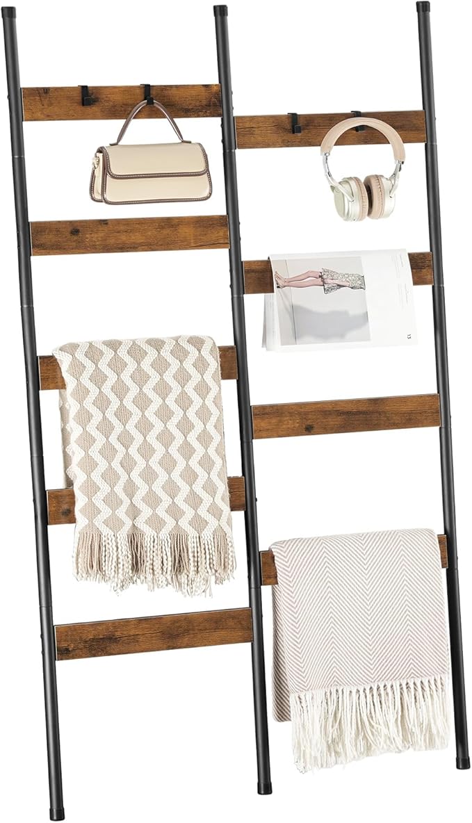 HOOBRO Blanket Ladder, 33.9" L Wall-Leaning Towel Rack, Double Row Blanket Rack for Large Capacity, Metal Frame, Anti-Tip Des