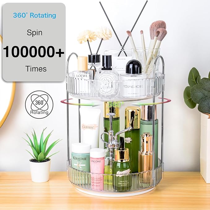 360 Rotating Makeup Organizer, 2 Tier Lazy Susan Bathroom Counter Organizer, Skincare Organizers, Spinning Perfume Organizer 