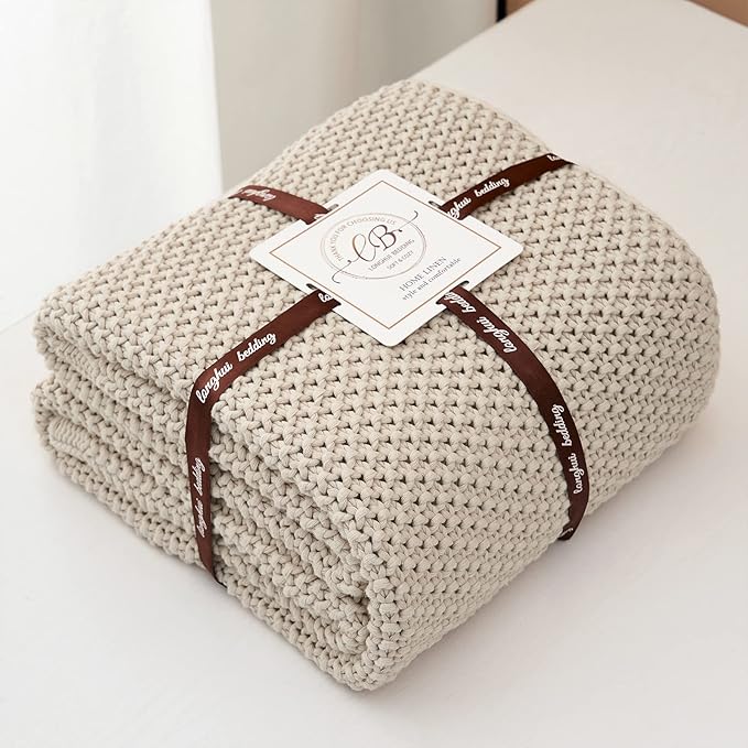 Chunky Cable Knit Throw Blanket Lightweight Beige 100% Organic Cotton Blanket for Sofa Couch Bed Baby Nursery, Rustic Shabby 