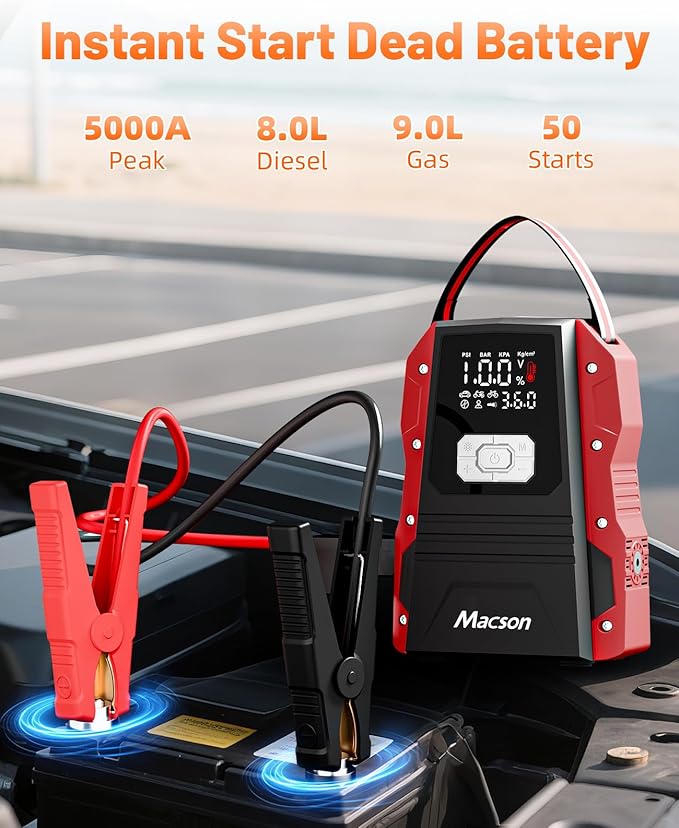 5000A Jump Starter with Air Compressor - Portable 12V Jump Box Battery Pack for 9.0L Gas/8.0L Diesel Engines, Car Jumper