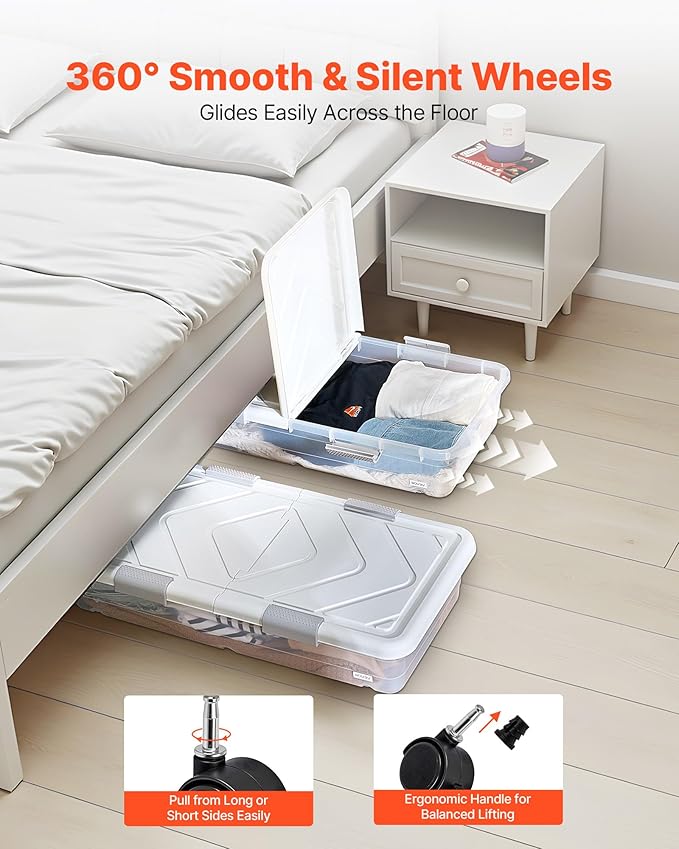 VEVOR Under Bed Storage with Wheels, 31.7 x 15.6 x 6.9 inch Underbed Containers, Underbed Shoes Organizer with Lid & Gray Lat