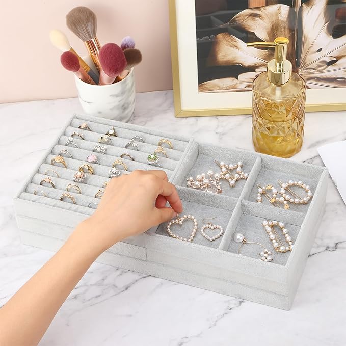 Fixwal Jewelry Organizers and Storage, 14in Stackable Jewelry Drawer Organizer, Set of 5 Jewelry Trays with Removable Divider