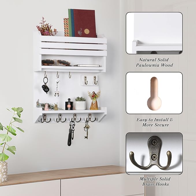 Key Holder, Wall Mounted Mail Organizer, Keys Holder on Wall with 9 Key Hooks, White