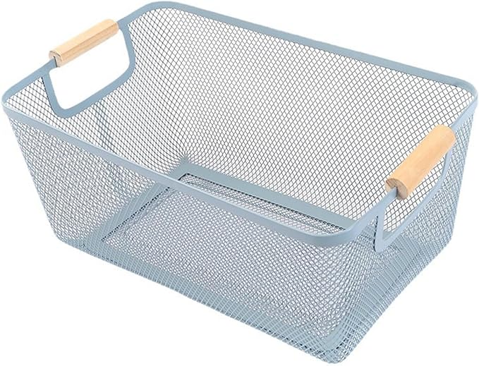 AJIODA Metal Mesh Steel Basket, Large Wire Storage Organizer Basket Multi-function Hanging Kitchen Baskets with Wood Handle f