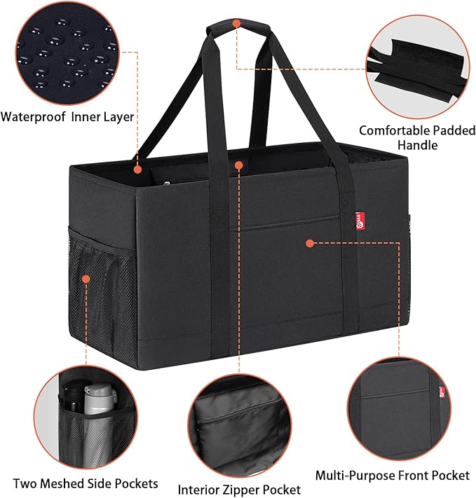 Extra Large Utility Tote Bag, Foldable Reusable Grocery Bags, Collapsible Tote with Metal Wire Frame & Reinforced Bottom Board, Stand up Large Utility Tote for Groceries, Shopping, Storage