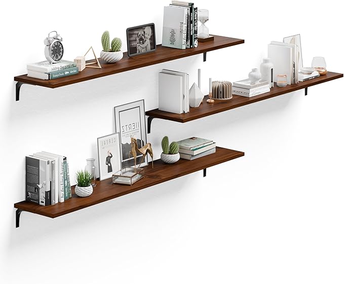 12 Inch Deep Floating Shelves Set of 3, 60 Inch Extra Wide Rustic Walnut Solid Wood Wall Shelves, 5ft Heavy Duty Farmhouse Wa