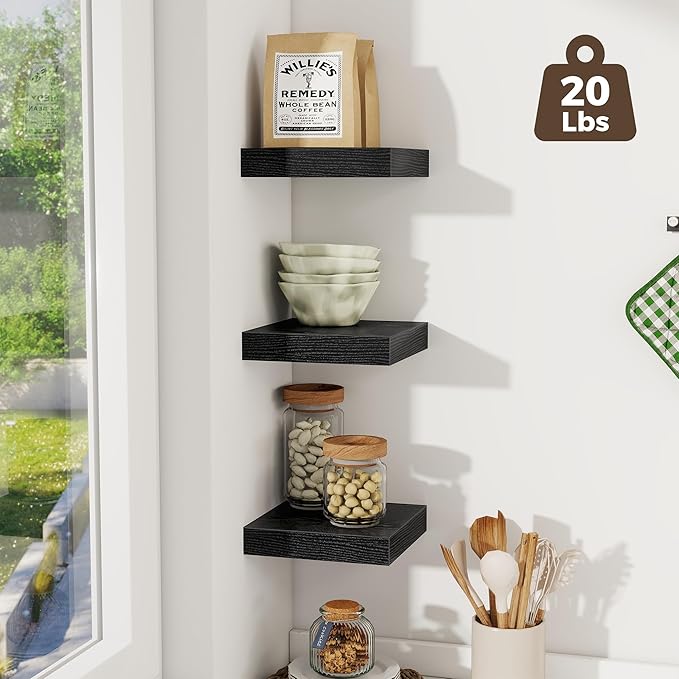 Fun Memories Small Floating Shelves for Wall - 8 Inch Square Wall Shelves with Invisible Brackets, Black Shelves for Bathroom
